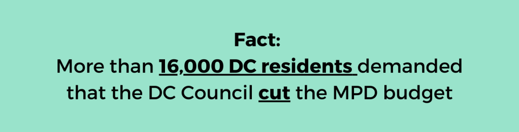 A green graphic that reads fact: more than 16,000 DC residents demanded that the DC council cut the MPD budget
